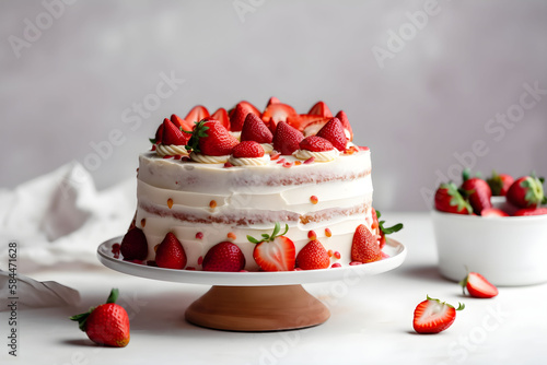 Delicious strawberry biscuit cake torte dessert with fresh berries and butter cream on concrete background. Ai generated.