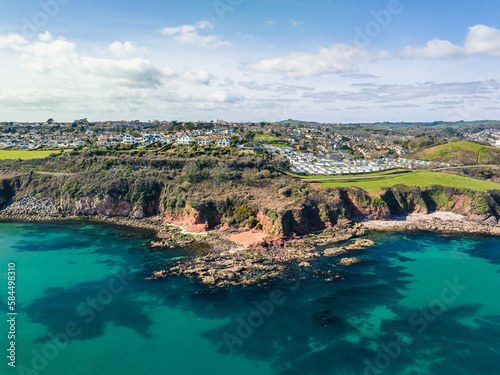 Armchair Cove and Waterside Holiday Park from a drone, Broadsands Beach, Paignton, Devon, England , Europe