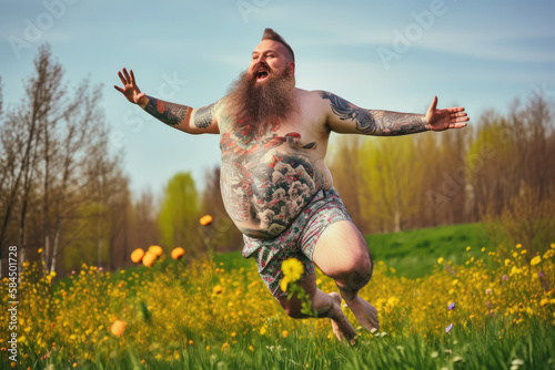 Glücklicher, übergewichtiger Mann mit Tattoos und langem Bart macht einen Luftsprung auf einer Wiese - Generative AI