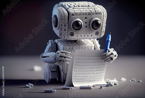 Cute robot writing the headlines on paper. Journalist Artificial intelligence and self learning concept. Digital art illustration. Generative AI