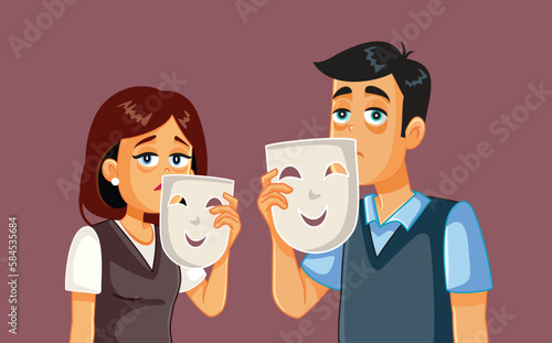 Sad Couple Wearing Happy Masks for Society Vector Conceptual Illustration. Upset man and woman feeling upset hiding their true feelings 