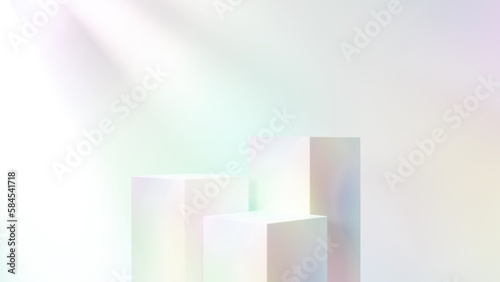 カラフルな立方体の台座。光が射し込む背景。3つの台座。（横長）