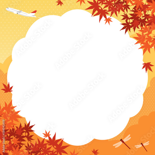 秋の紅葉と飛行機、赤とんぼの飛ぶ風景 フレーム・背景素材（正方形）