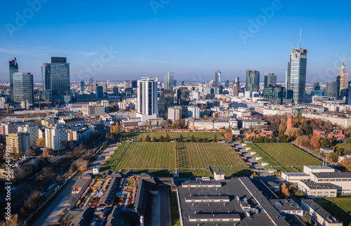Drone photo of Warsaw Water Filters and downtown of Warsaw city, Poland