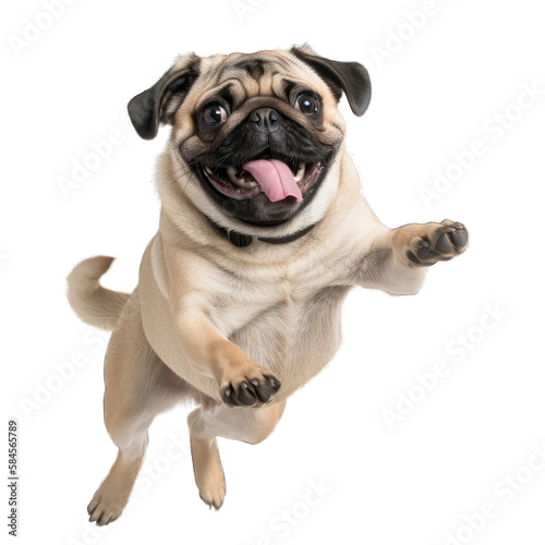 happy pug dog jumping, transparent background png