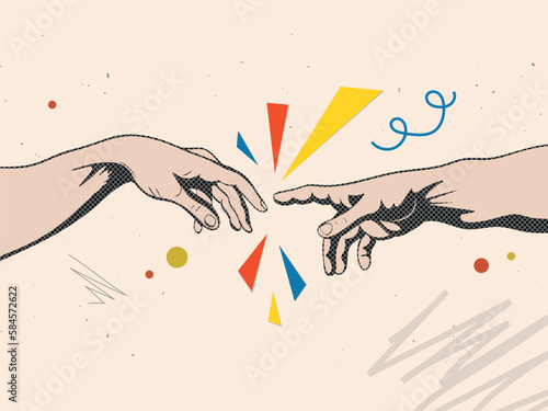 Adam and God hands in a modern collage style. Vector illustration