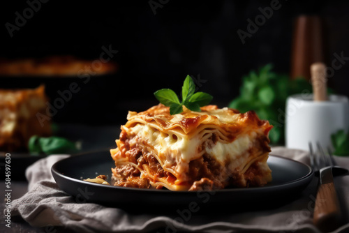 Présentation d'une assiette avec une part de Lasagne bolognaise prêt à déguster, photographie culinaire