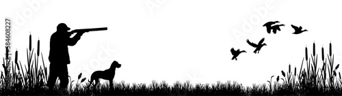 Wildlife Duck animals hunting hunt landscape panorama vector illustration - Black silhouette of hunter with rifle gun and dog in reed bog shoots at flying mallard ducks, isolated on white background