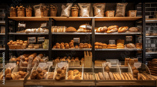 An organic, eco-friendly vegan grocery and bakery store featuring a wooden wall and parquet floor, offering a variety of bread, buns, and snacks on shelves for a healthy shopping lifestyle, perfect fo