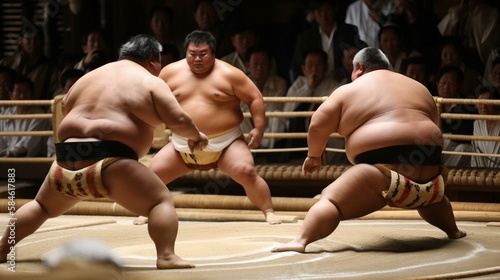 A group of Japanese sumo wrestlers in action Generative AI