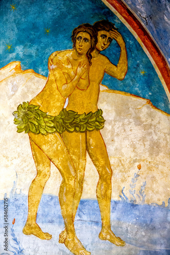 Detail of a fresco in the Greek orthodox church of the Annunciation, Nazareth, Israel. Adam and Eve expelled from paradise.