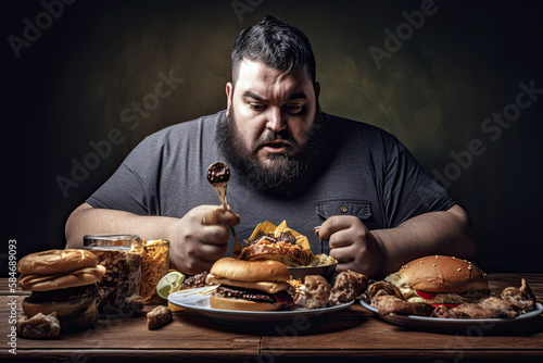 Generative AI Illustration of an obese man in front of a table full of junk food. Concept on the problem of obesity in the population and poor nutrition