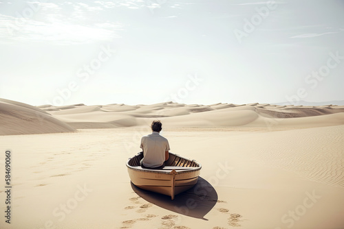 Generative AI Illustration of an unrecognizable man inside a wooden boat in the middle of the desert in a minimalist and surreal dream image. Conceptual artwork about the world of dreams