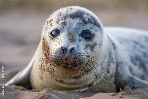 A young pup of a grey seal who is a complete show off, quite outgoing, and who just seems to play to the camera. Iceland Dutch Ameland. Generative AI