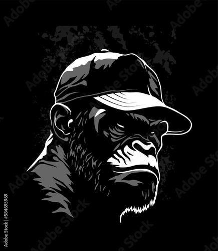Angry gorilla head in the baseball cap on a dark background. Vector illustration.