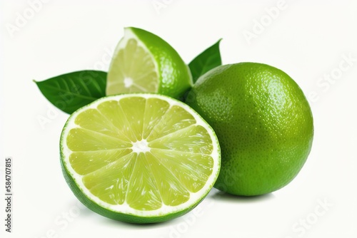 Green lime with cut in half and slices isolated on white background, Generative AI.