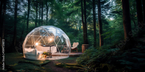 campsite geodesic glamping bubble dome with leds in the forest 