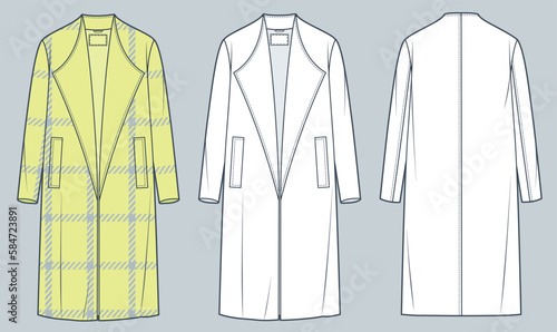 Unisex Coat technical fashion Illustration. Yellow plaid Coat, Outerwear fashion flat technical drawing template, midi length, long sleeve, front, back view, white, women, men, unisex CAD mockup set.
