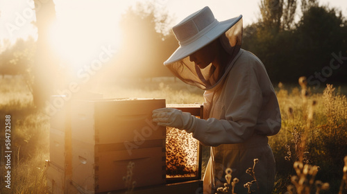 Female beekeeper collecting honey from her hive, Generative AI