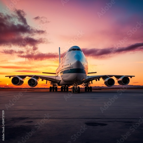 a large jetliner sitting on top of an airport runway at sunset with a sky background and clouds in the sky above it and a plane on the ground landing gear engine rolls directly security Generative AI 