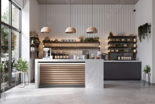 Ambiente 3d render de design de uma cafeteria clean e chique com mesa de mármore com vista frontal e uma bela janela lateral