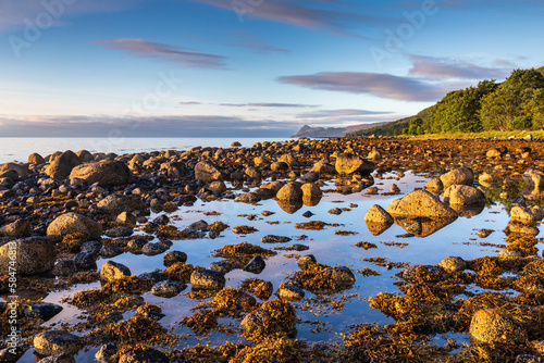 The rocky coastline at Corrie, Isle of Arran, Scotland, with the peak of Holy Island in the distance. Taken in summer just after sunrise.