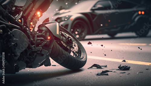Motorcycle crash road accident with broken motorbike. City background. Banner with copy space. AI generative image.