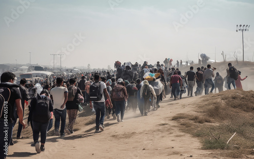 Illustration of mass immigration of people, the concept of social problems. Large group of refugees walking on a dusty road, representing the mass movement and challenges they face.