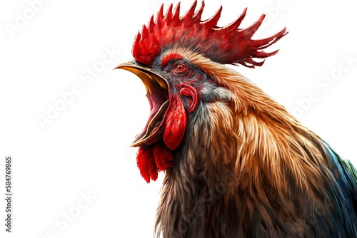 Head red-black rooster portrait isolated on white background, created with generative ai