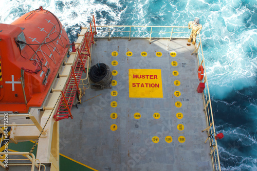 Muster station onboard a merchant ship at sea