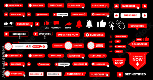 set of big mega collection youtube Subscribe button with hand click icon. Subscribe, bell button and hand cursor bundle. Red button subscribe to channel, blog. Social media background.