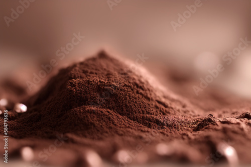 Photo en gros plan de poudre de chocolat riche et foncé avec une faible profondeur de champ qui met en valeur sa texture et son arôme