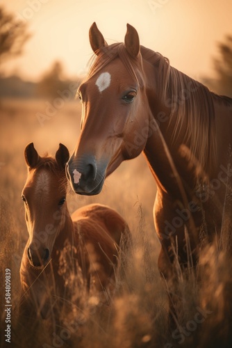  Mare with its colt , mother love, in beautiful grassland at colorful cinematic sunset, Generative IA