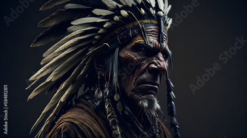 an old American Indian chief, semi-profile, wrinkled face, bright brown eyes, weathered skin, highly detailed, war paint, war bonnet.