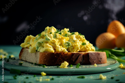 tasty morning scrambled egg with leek on a toast, created with generative ai