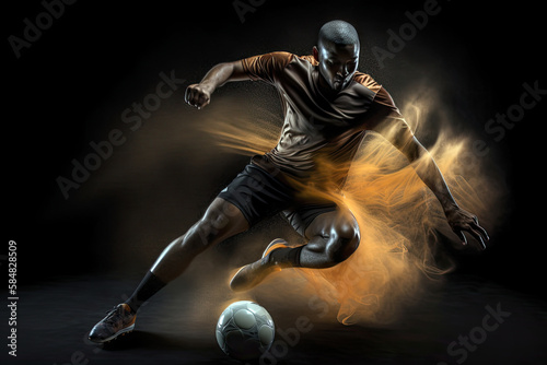Generative AI Illustration of a soccer player making the movement of hitting the ball on dark background. Long exposure photography with motion blur lines