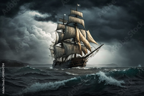sailing frigate in a stormy sea, created by a neural network, Generative AI technology
