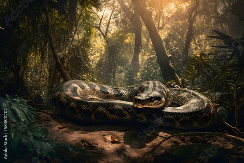 Green Anaconda basking in the sun in the Amazon Rainforest | Animal illustrations/backgrounds/wallpapers/portraits |