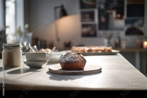 Amazing photo of gorgeous bakery and cakes in nordic style cafe background. Generative ai.