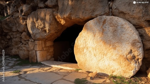 The empty tomb of Jesus Christ, after the resurrection on easter morning, stone rolled to the side