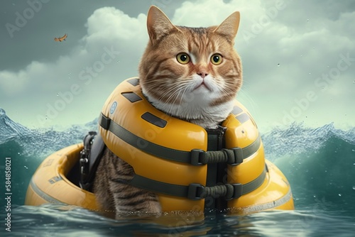 Cat wearing lifejacket and paddling in inflatable boat, created with Generative AI technology