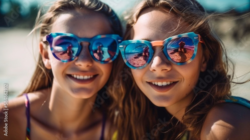 Two Young Girlfriends Posing Wearing Sunglasses Having Fun on the Beach - Generatvie AI.