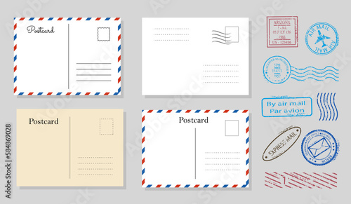 Blank travel postcard set. Collection of graphic elements for website. Envelopes and stamps. Sending letter via mail, communication. Cartoon flat vector illustrations isolated on grey background