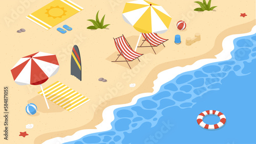 Beach shore concept. Sea or ocean coast with umbrella, surfboard and chairs. Summer holiday and vacation. Resort and paradise, hot weather. Cartoon isometric vector illustration