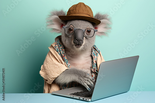 happy koala in woman hipster clothes and laptop ready to study, created with Generative AI technology