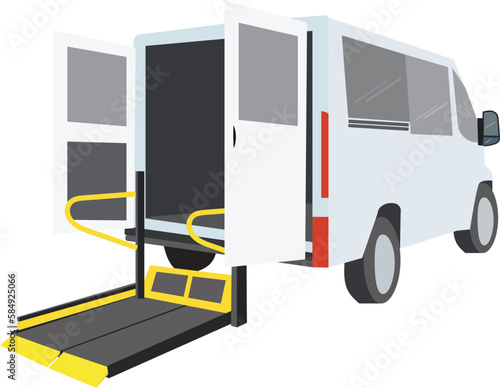 A specialized vehicle with Yellow bar and handrail, Bus Using Access Ramp for people with disabilities and elderly. Wheelchair taxi concept.