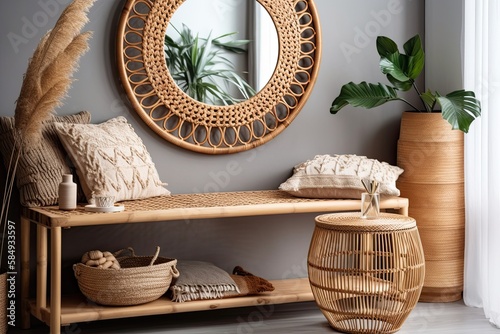 Bohemian circular mirror with rattan frame for wall decorating. Generative AI