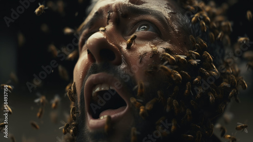 A scared man with his face covered in a swarm of bees. Fear, screaming, frightened. Generative AI.