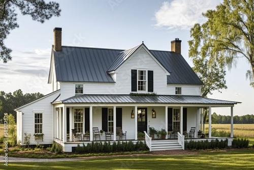 classic white farmhouse with wrap-around porch and black metal roof, created with generative ai