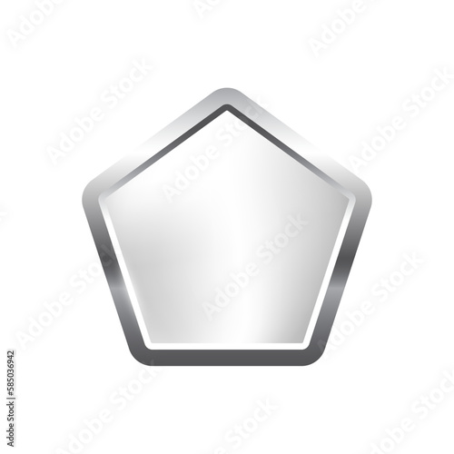 Silver pentagon button with frame vector illustration. 3d steel glossy elegant design for empty emblem, medal or badge, shiny and gradient light effect on plate isolated on white background